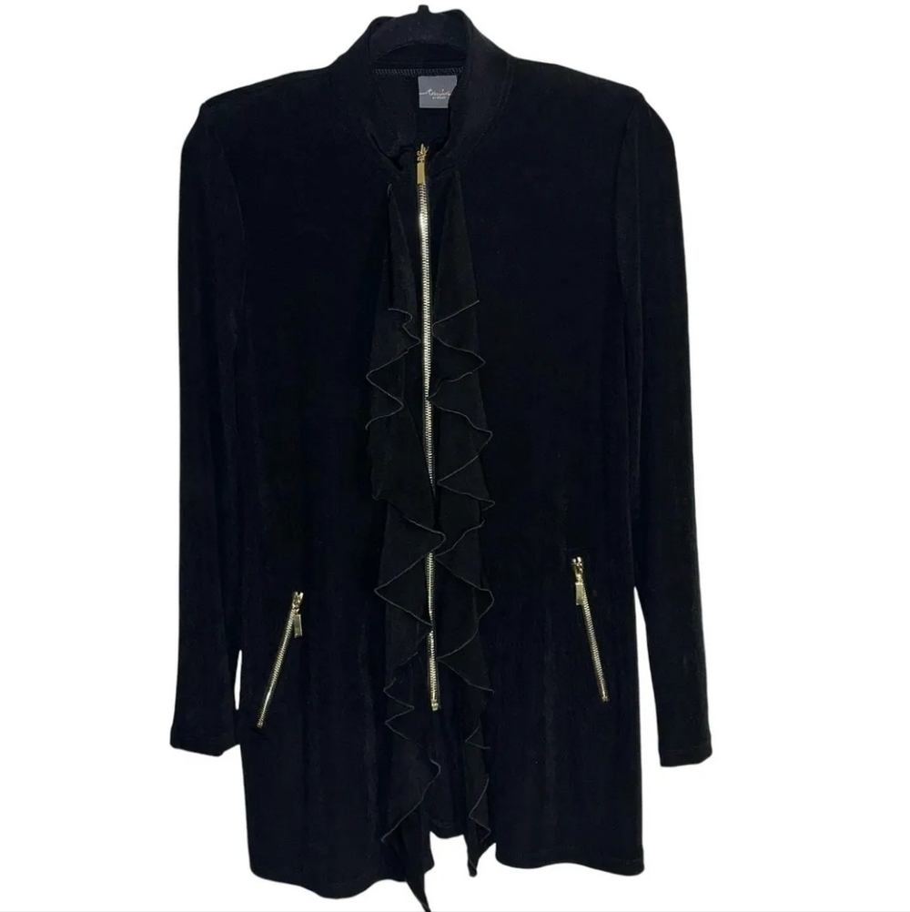 Travelers by Chico's Womens Long Length Black 3 Ruffled Full Zip Black Jacket